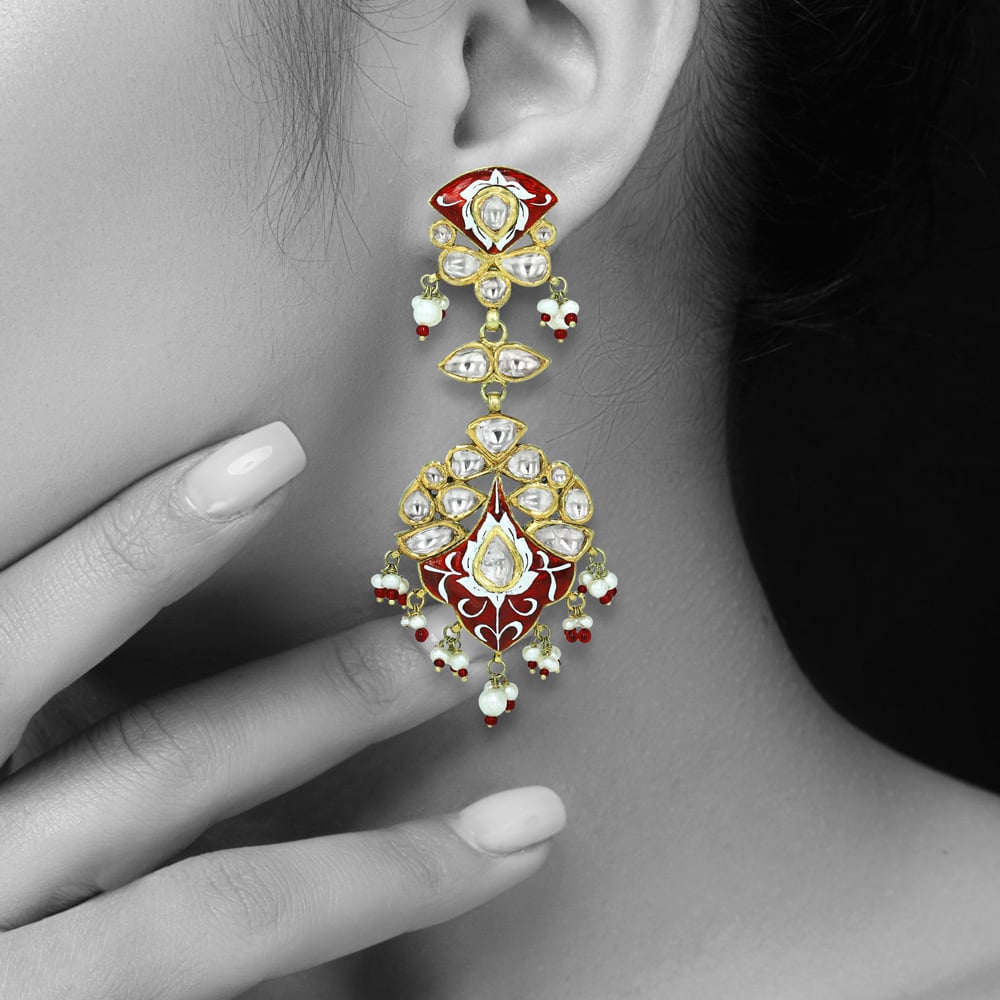 Polki Earrings with Red Enamel and Pearl Cascades